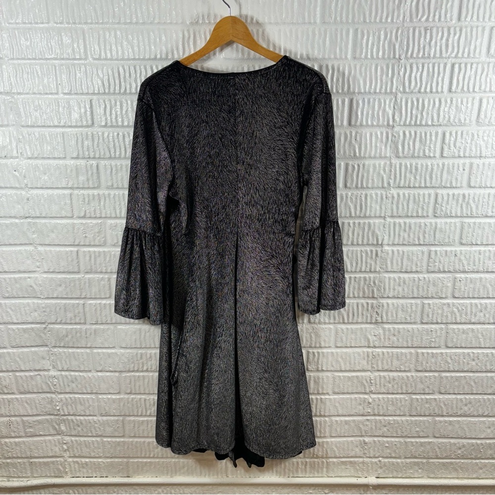 Bryn Walker Sybilla Wrap Dress Small Silver Black Metallic Bell Sleeve Midi - Picture 3 of 5